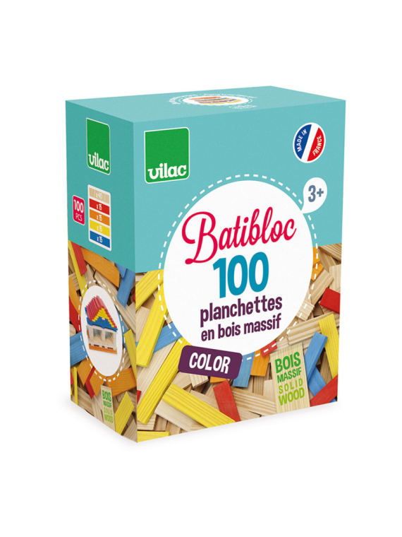 Jeu de construction en bois, Batibloc Color 100 planchettes