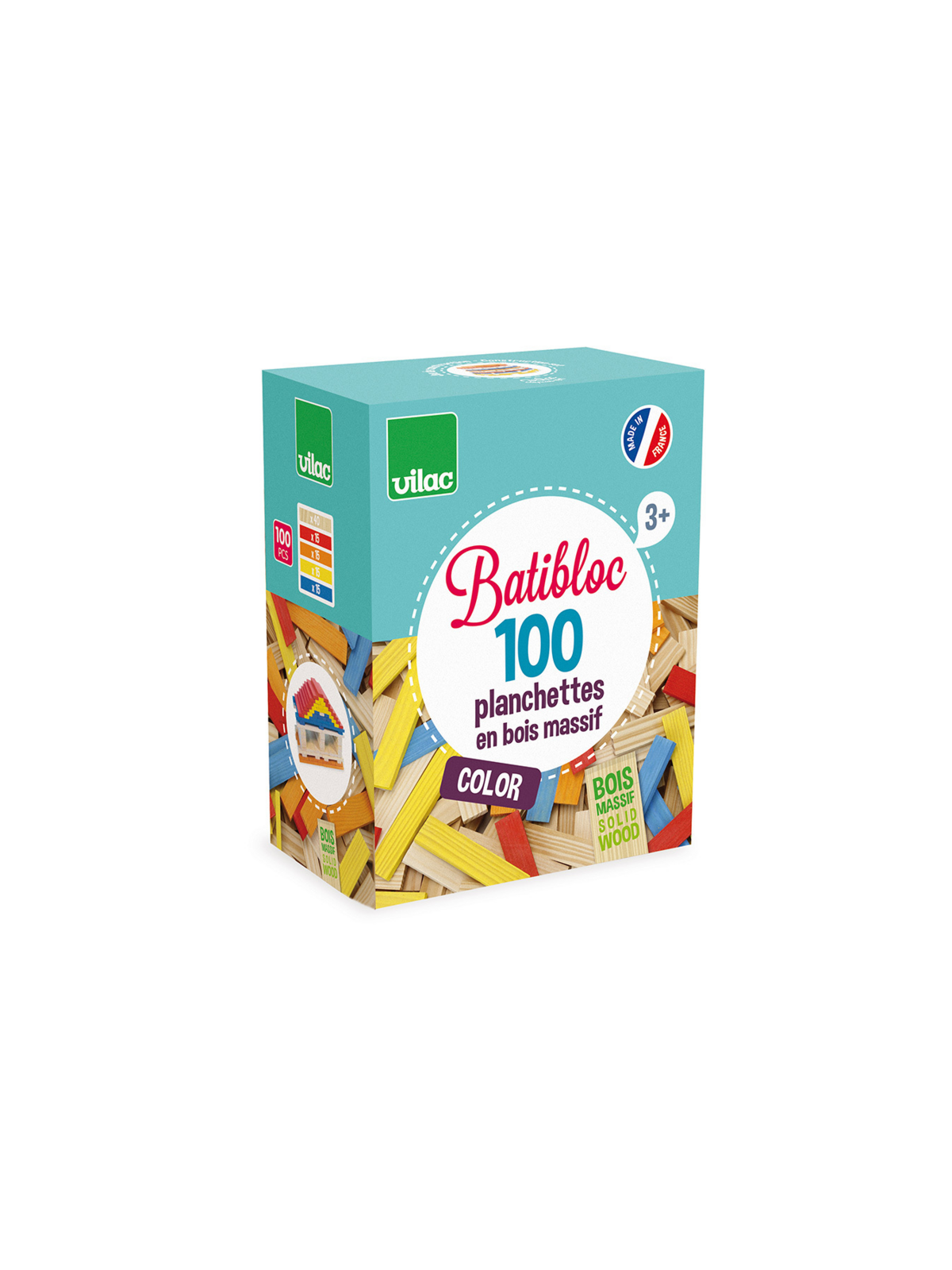 Jeu de construction en bois, Batibloc Color 100 planchettes