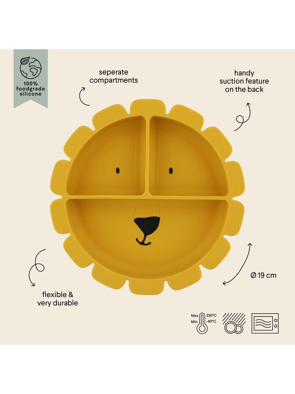 Assiette avec ventouse en silicone et compartiments Mr Lion