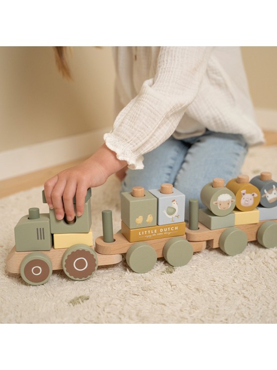Train à blocs en bois FSC, tracteur - Little Farm