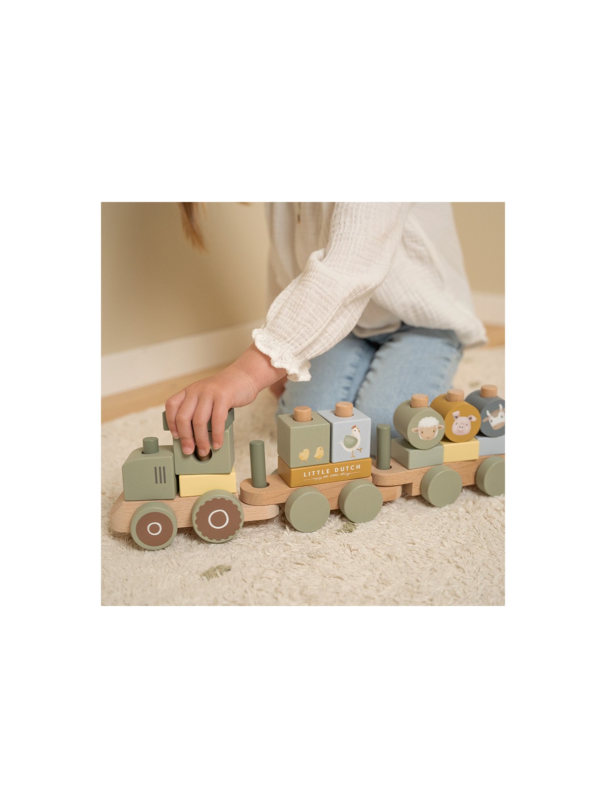 Train à blocs en bois FSC, tracteur - Little Farm